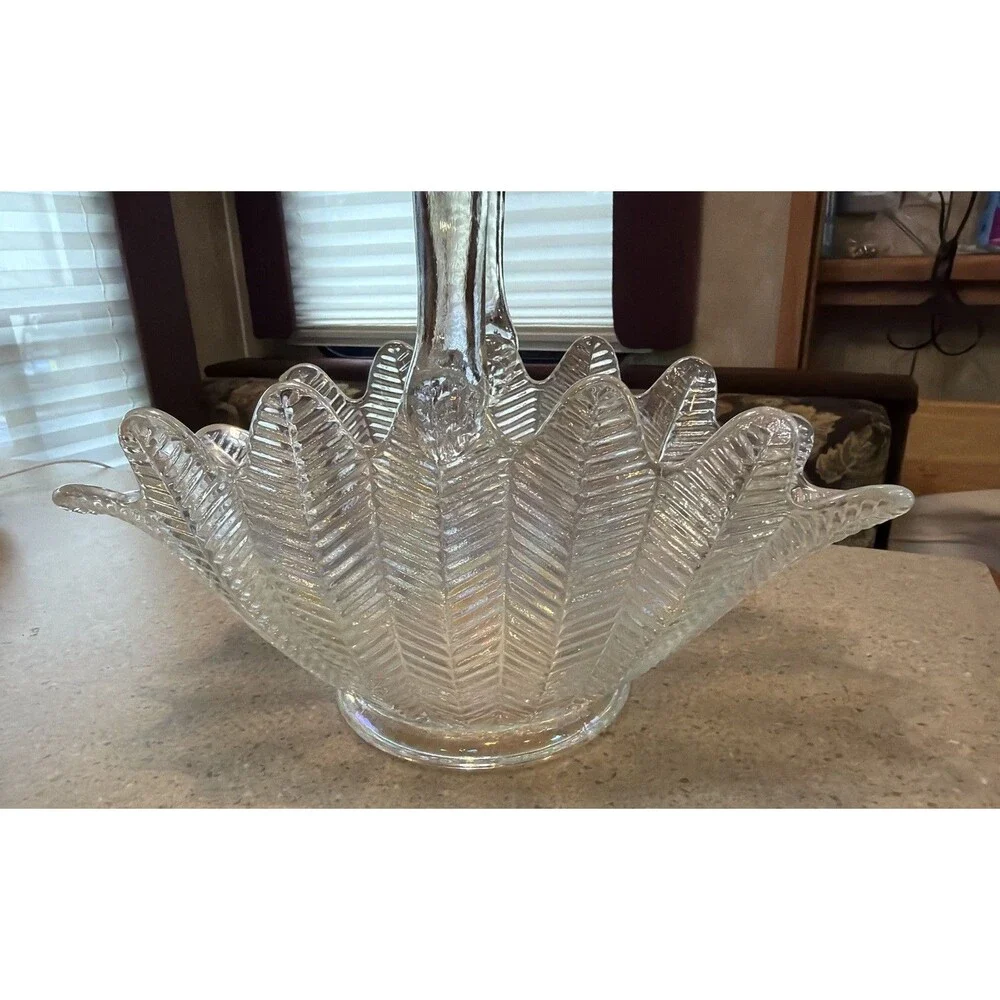 LE Smith Clear Glass Feather Pattern Basket Scalloped Edge Applied Handle. 13.5”